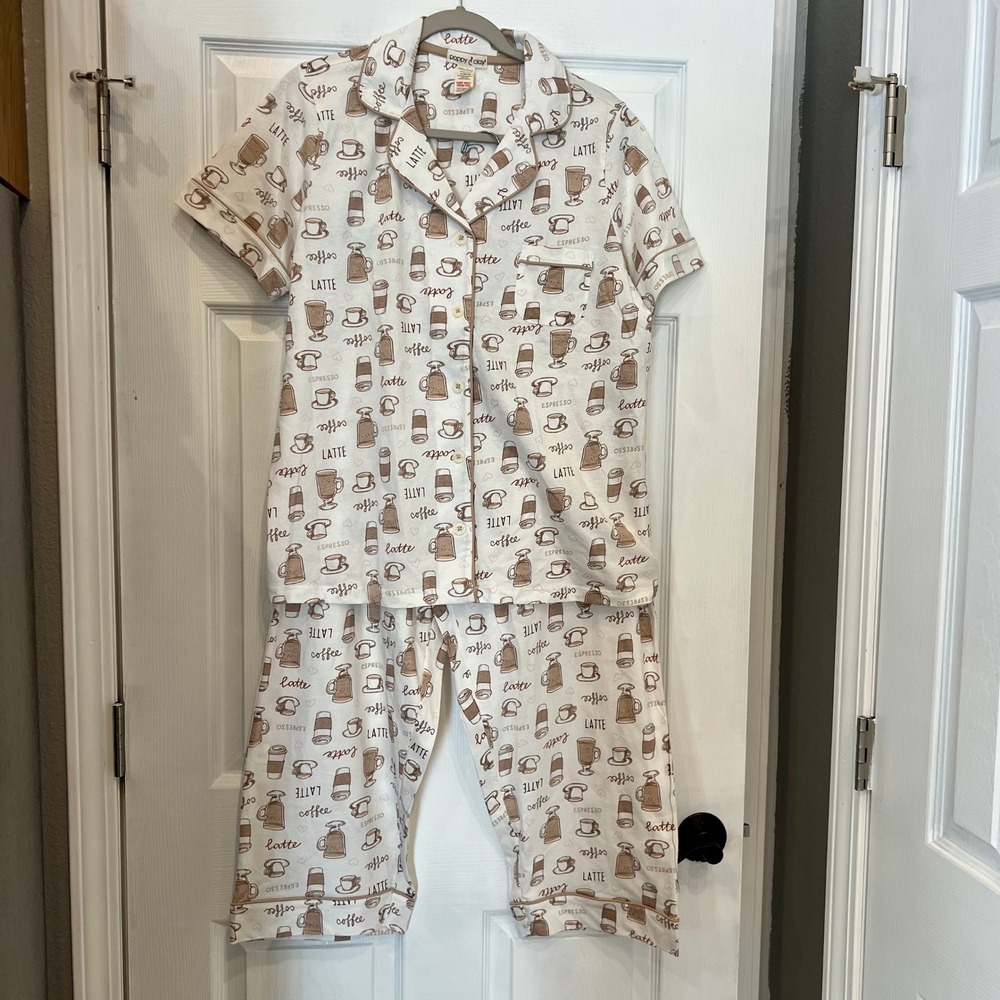 Poppy & Clay Pajama Set Organic Cotton Coffee Latte Print Coffeecore L